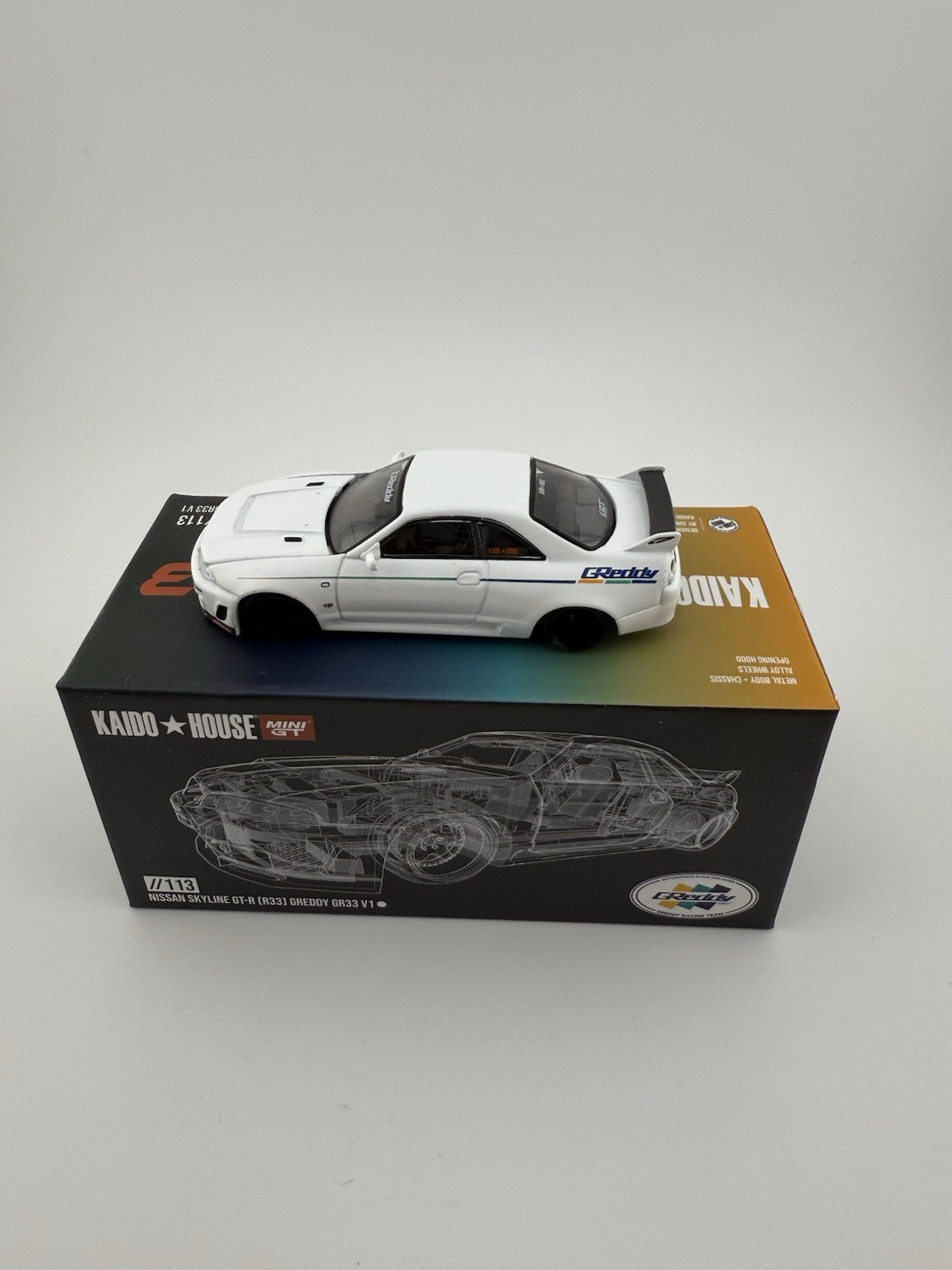Nissan Skyline GT R (R33) Kaido House Greddy White   Mini GT KHMG 113 Open Box1