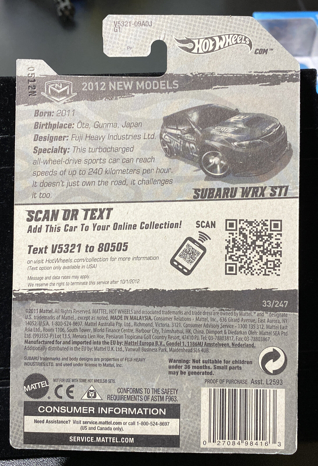 Hot Wheels Subaru WRX STI Blue 2012 NEW MODELS 33/50 in Card Protector6