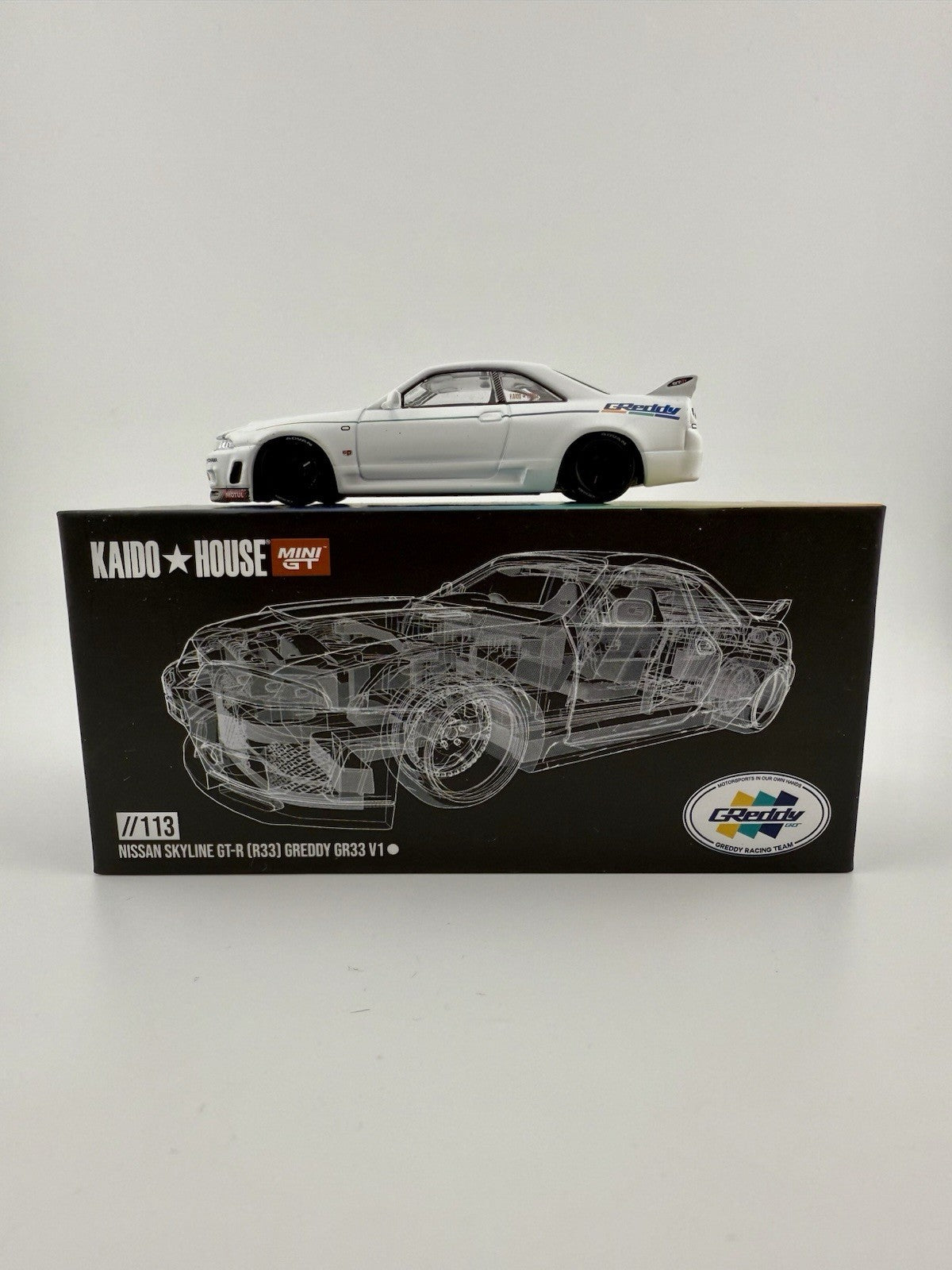 Nissan Skyline GT R (R33) Kaido House Greddy White   Mini GT KHMG 113 Open Box0