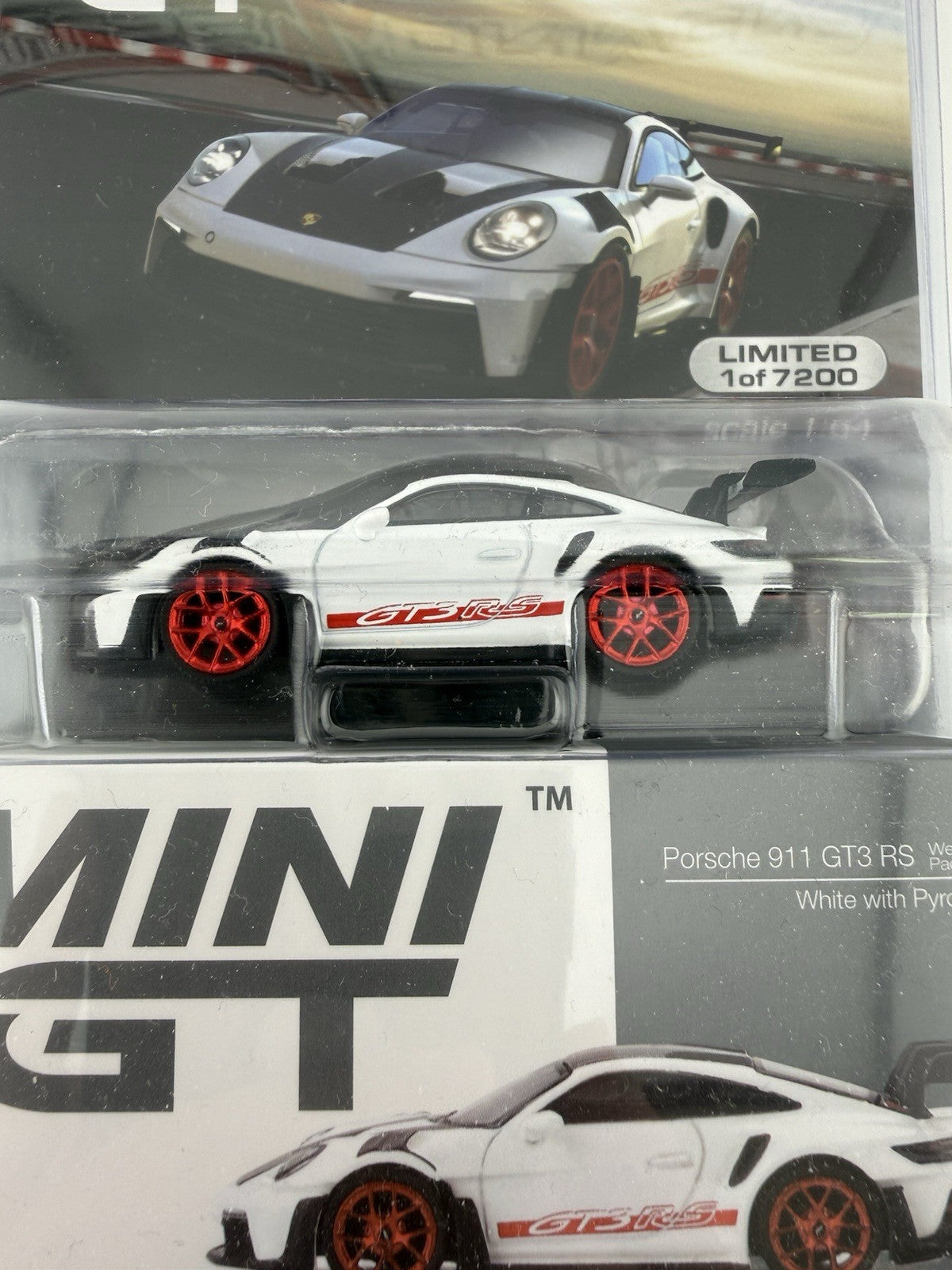 Porsche 911 (992) GT3 RS White with Pyro Red Mini GT MGT 00706 Weissach Package1