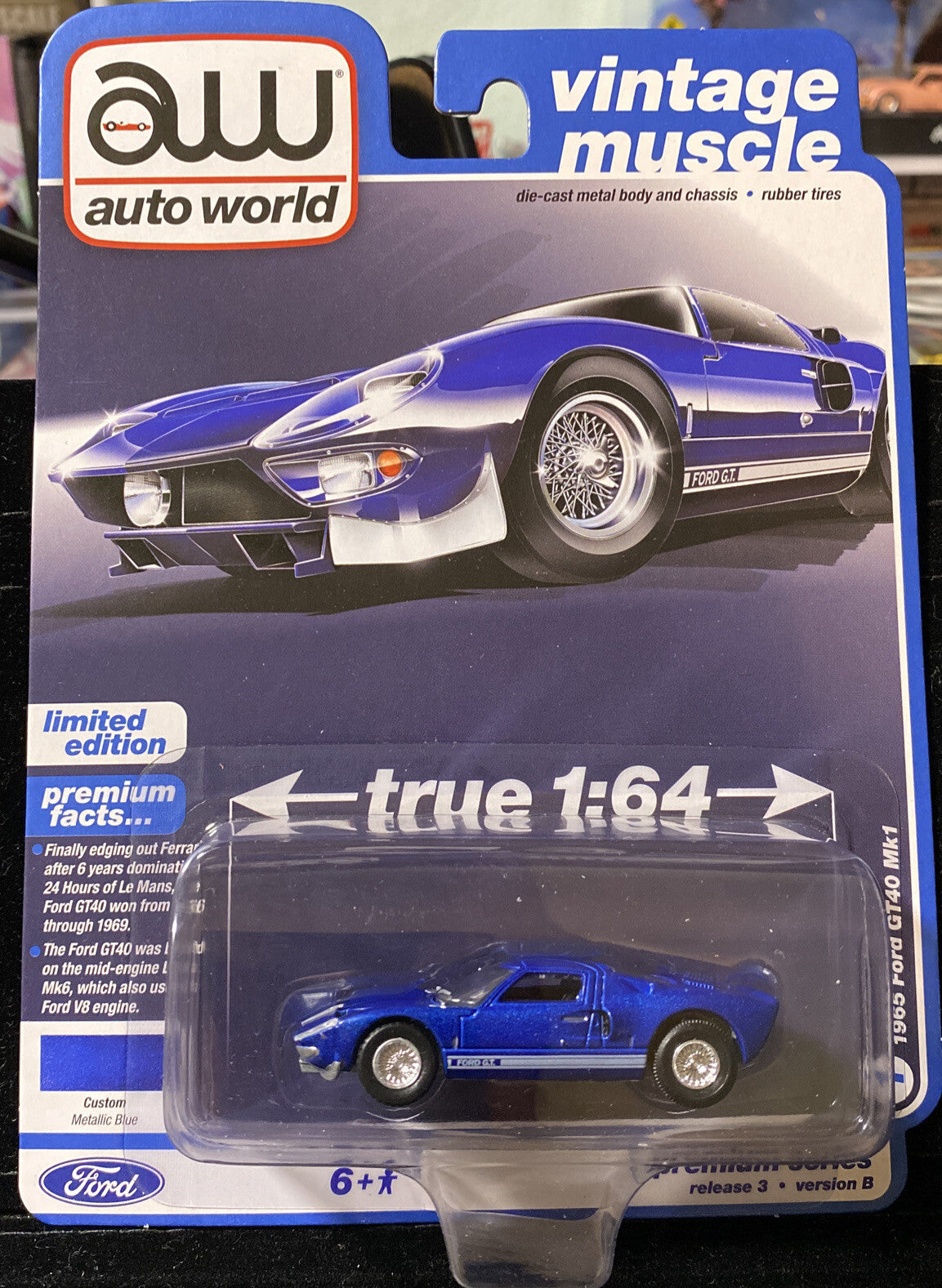1965 Ford GT40 MK1 Blue Metallic with White Stripes "Vintage Muscle" Limited1